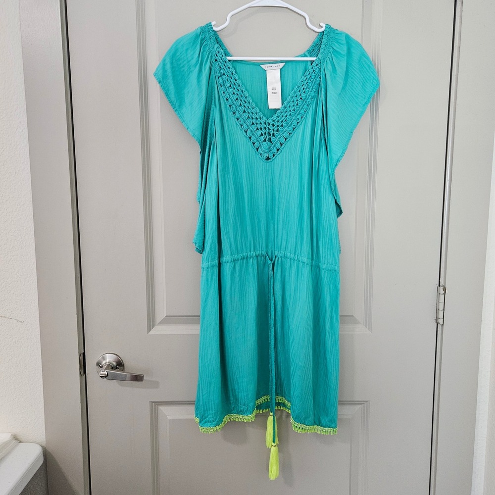 Trina Turk Teal Crochet V-Neck Swim Cover Up Dress Pom Pom Tassel XXS